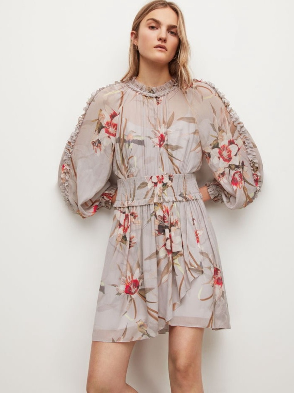AllSaints Cream Floral Ruffle Long-Sleeve Mini Dress Brand New without tags